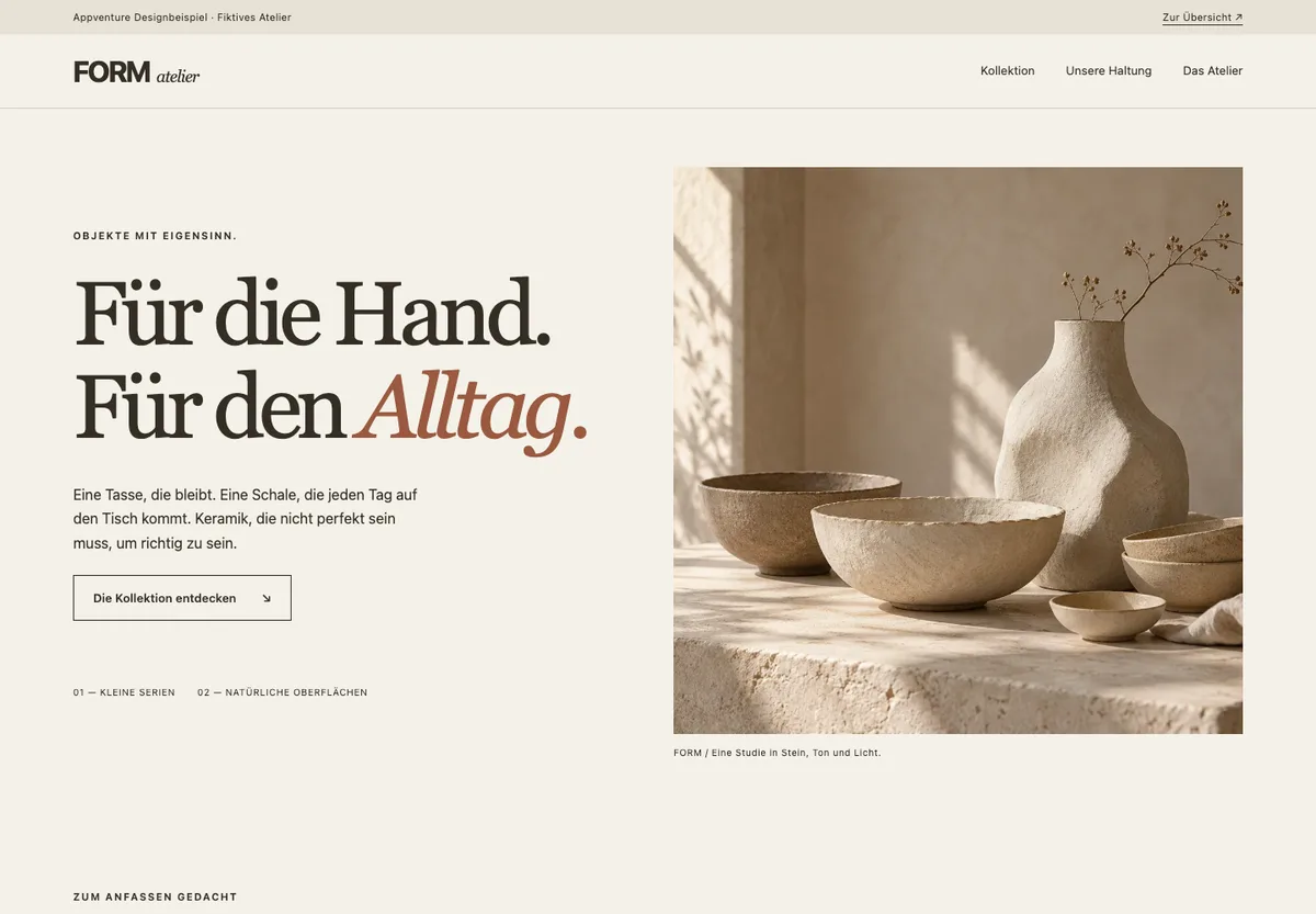FORM Atelier: helle Keramik-Website mit editorialer Gestaltung
