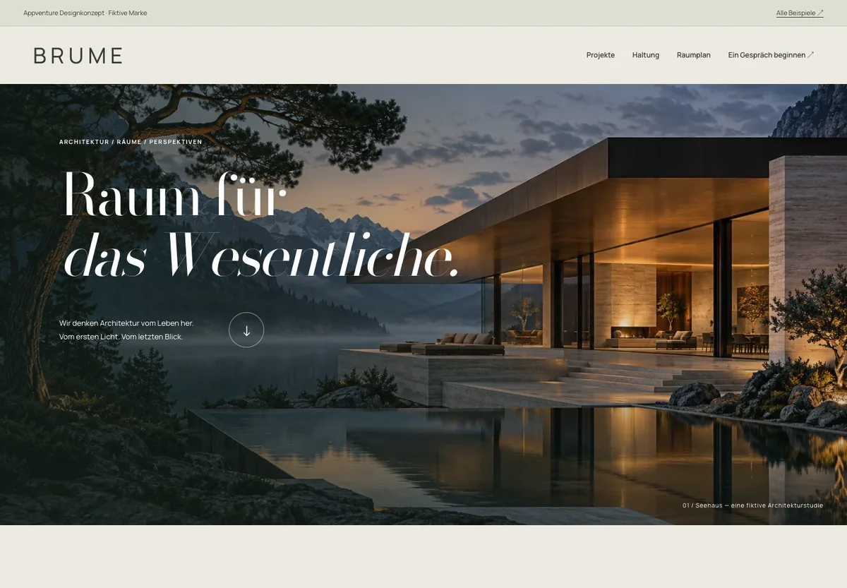 Vorschau der vollständigen fiktiven BRUME Architekturwebsite