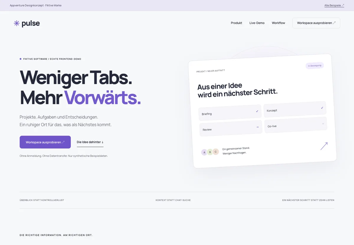 PULSE: Softwarekonzept mit violetter Typografie und Produktansicht